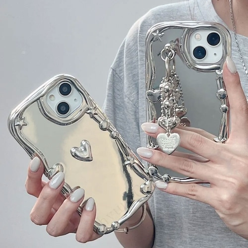 【iphone15対応】 シルバー メタル リボン ハート チェーン 韓国風 グリッター メッキ 加工 防塵 iphone ケース 2タイプ