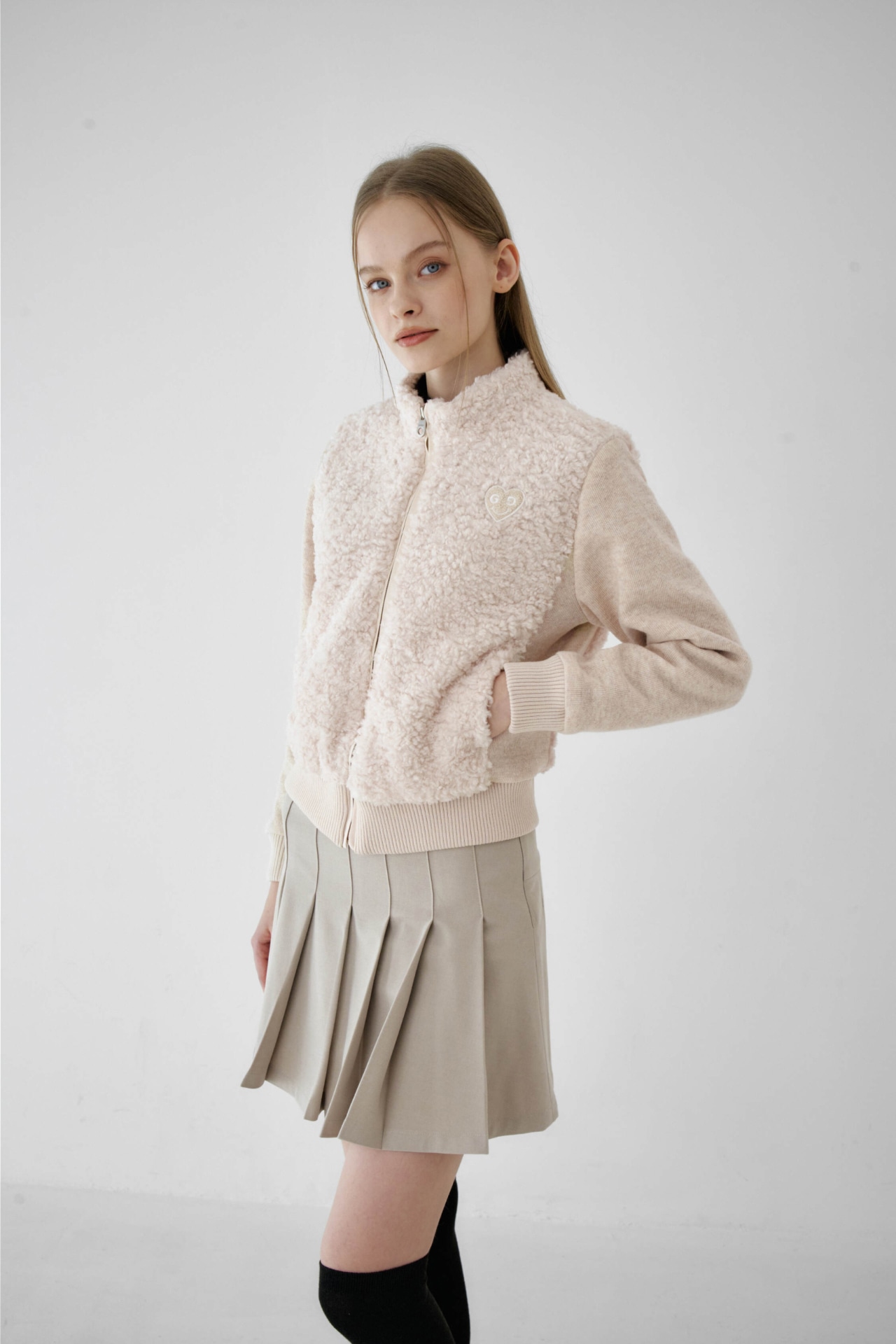 GOXO ゴーエックスオー スマイルハートダンブルジップアップジャンパー ベージュ