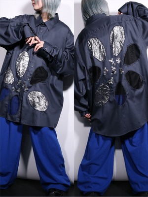 REMAKE / silver × mesh flower switching and many button design shirt