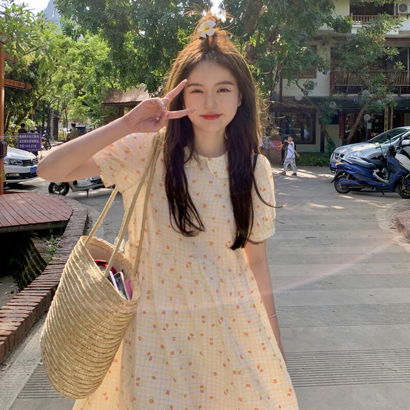 スリーブ格子柄ドレス サマーカラーロングスカート 大人ガーリー スウィート キュート カジュアル 夏物 試着室4523687111