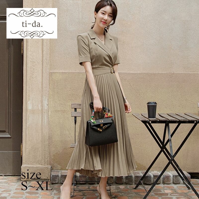 No 65 韓国ワンピース きれいめワンピース 大人可愛いワンピース プリーツワンピース ロングワンピース Ti Da