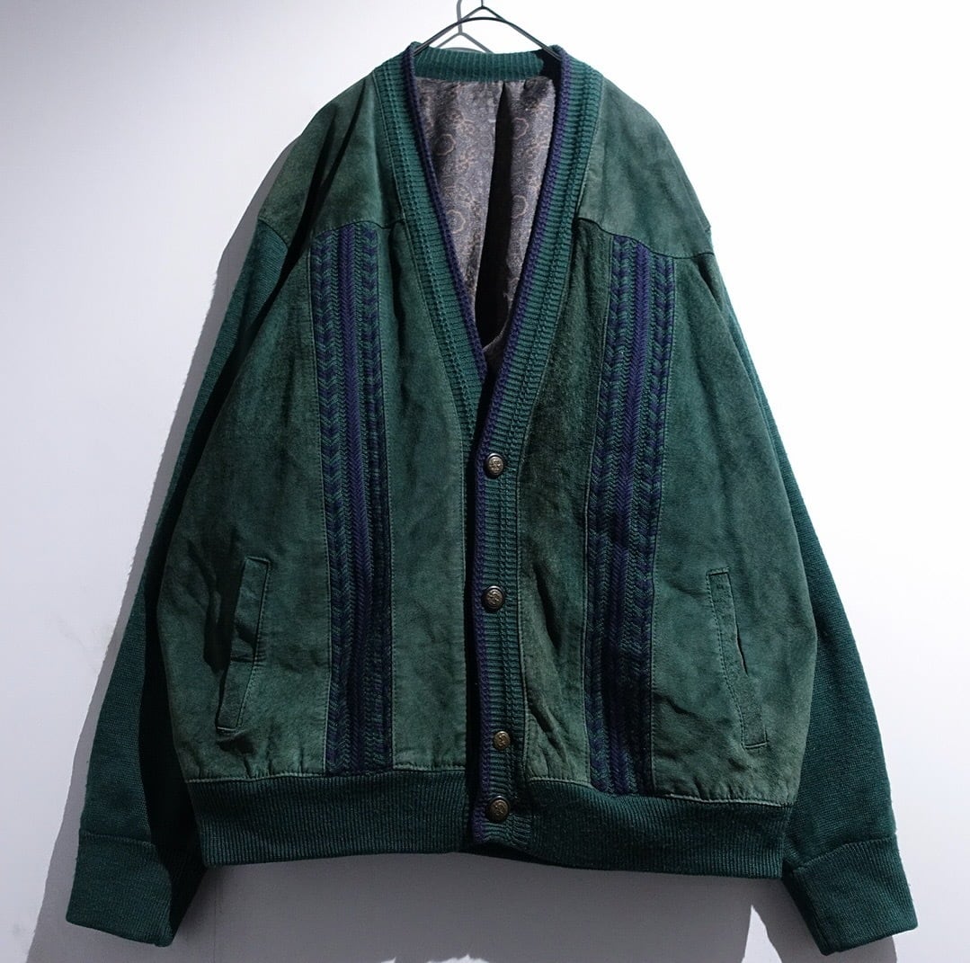 80s EURO Green Suede Leather Switch Design Knit Cardigan