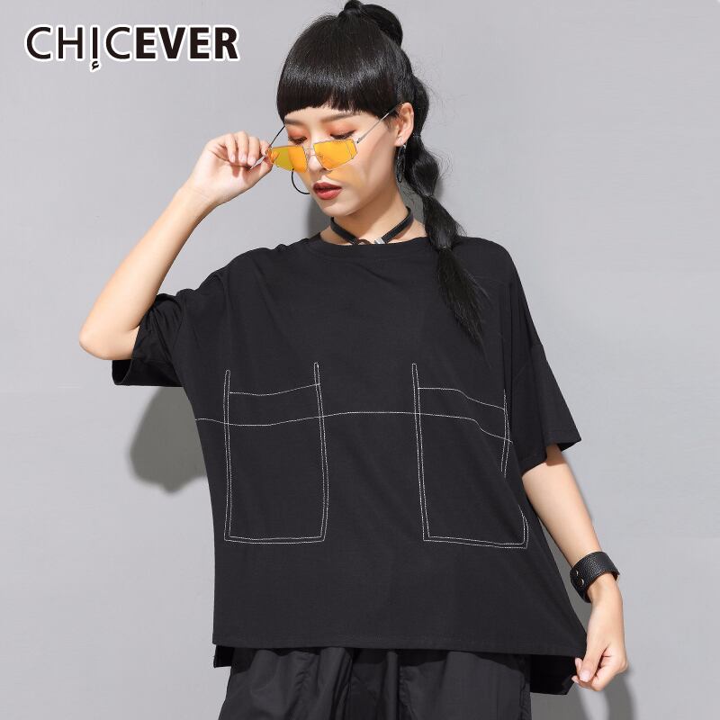 CHICEVERアシンメトリーレディースTシャツOネック半袖ルーズオーバーサイズシャツ2020夏服 ショート ハーフスリーブ サマー 夏物 6base561511968647