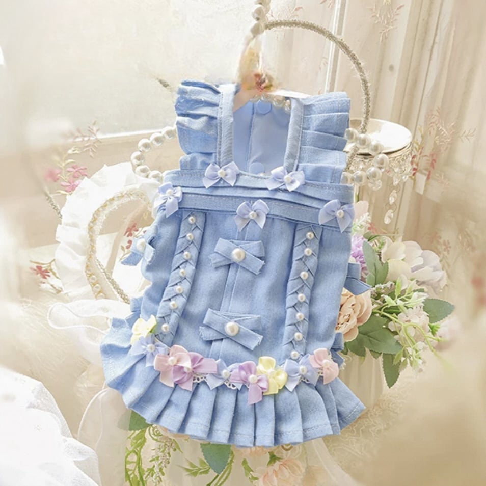 デニム素材フリル&リボンワンピース 00233