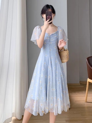 クラブモナコ Club Monaco シフォン紺ミモレ丈ワンピース シアー コスモス 花柄 オーシャンブルー シフォンワンピース | LiLilac