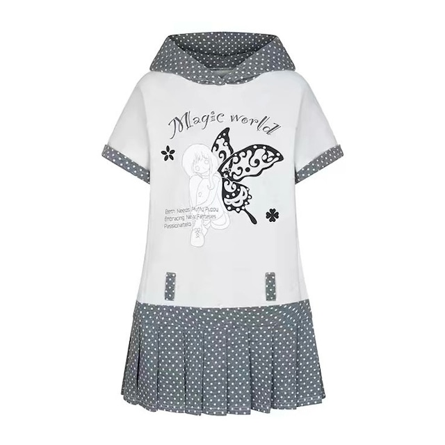 [BETWEENAND] Butterfly Spring Gray Pleated Hoodie Dress