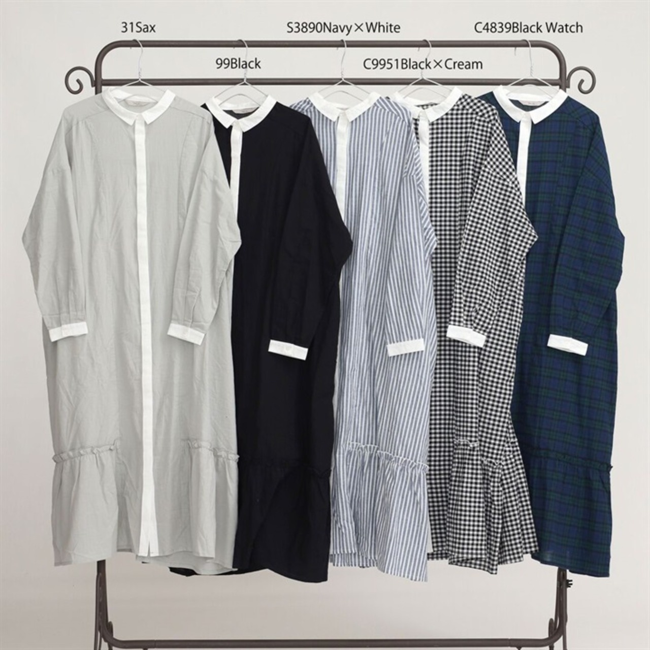 【m.n】長袖裾ギャザー切替シャツワンピース