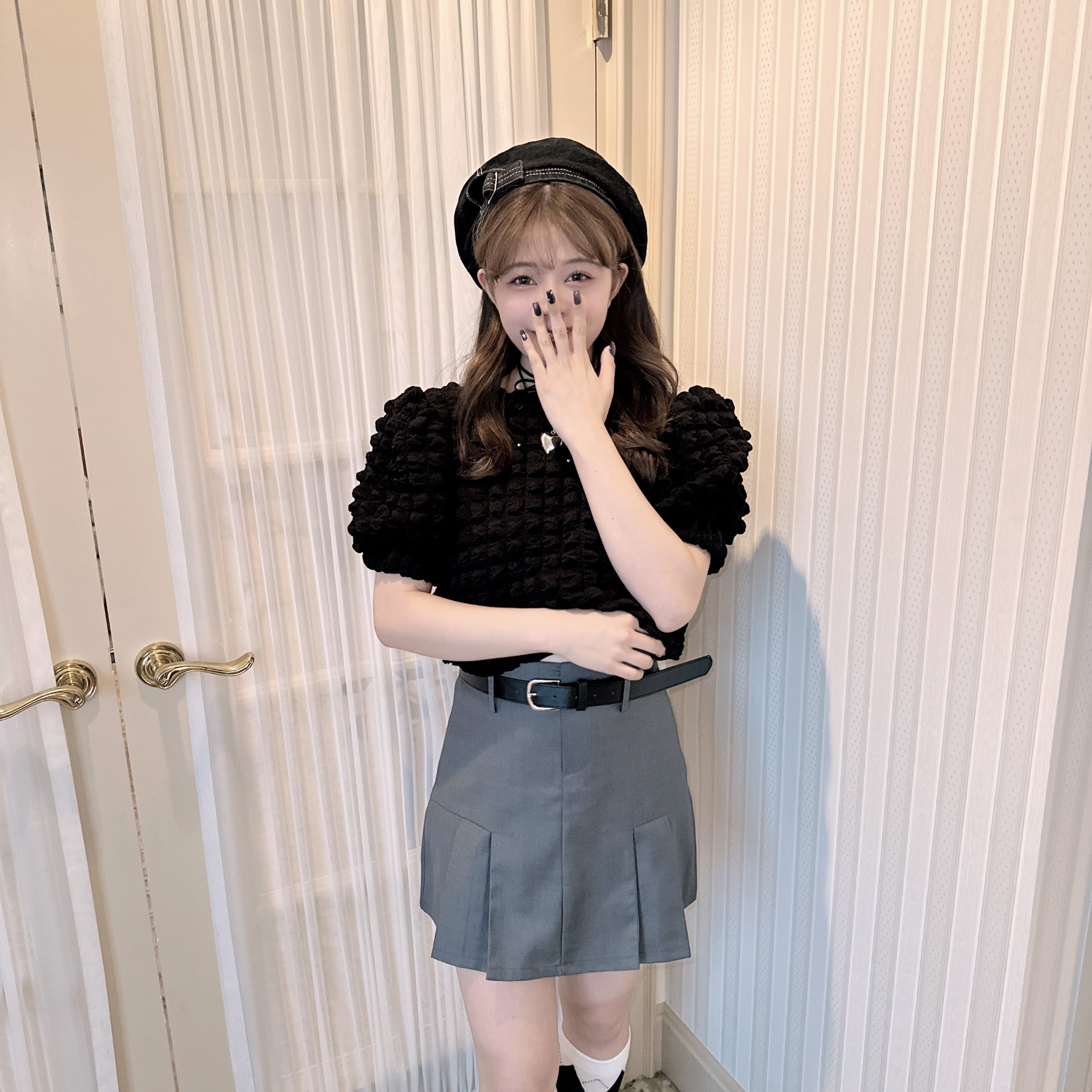 【LAST2】tuck pleats belt skirt-BROWN