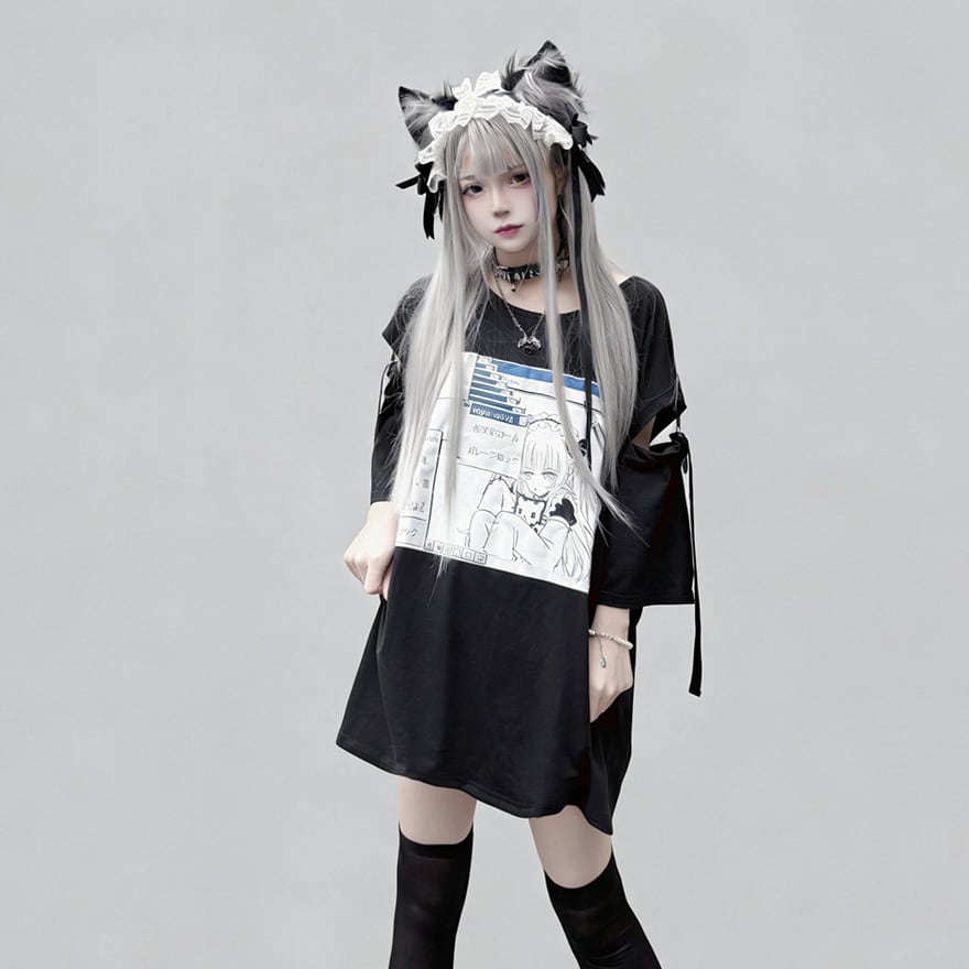 地雷系 アニメプリントロングTシャツ 肩リボン双子映え