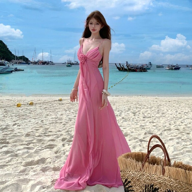 【SummerVacationシリーズ】ワンピース Vネック リボン 魅せられる ピンク S M L