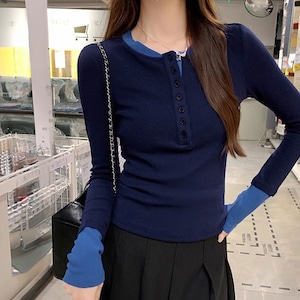 ヘンリーネック Tシャツ 長袖 レディース 春秋 韓国 リブ編み カットソー きれいめ 大人 カジュアル シンプル おしゃれ 伸縮性 バイカラー 大人可愛い 大人女子