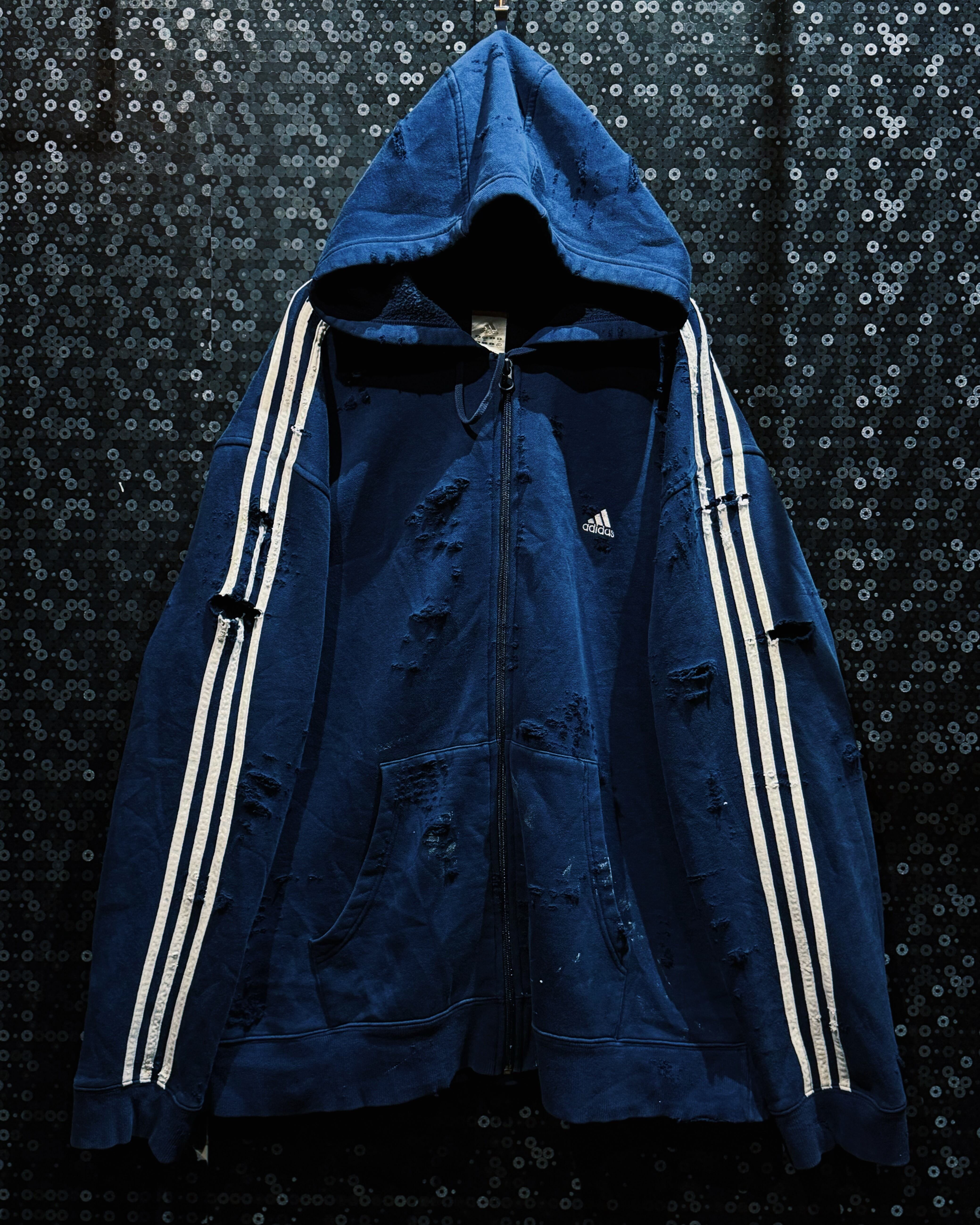 【ÆIEM】original”boro”remake” “adidas” vintage Triple-White Stripe Destroyed Zip Hoodie