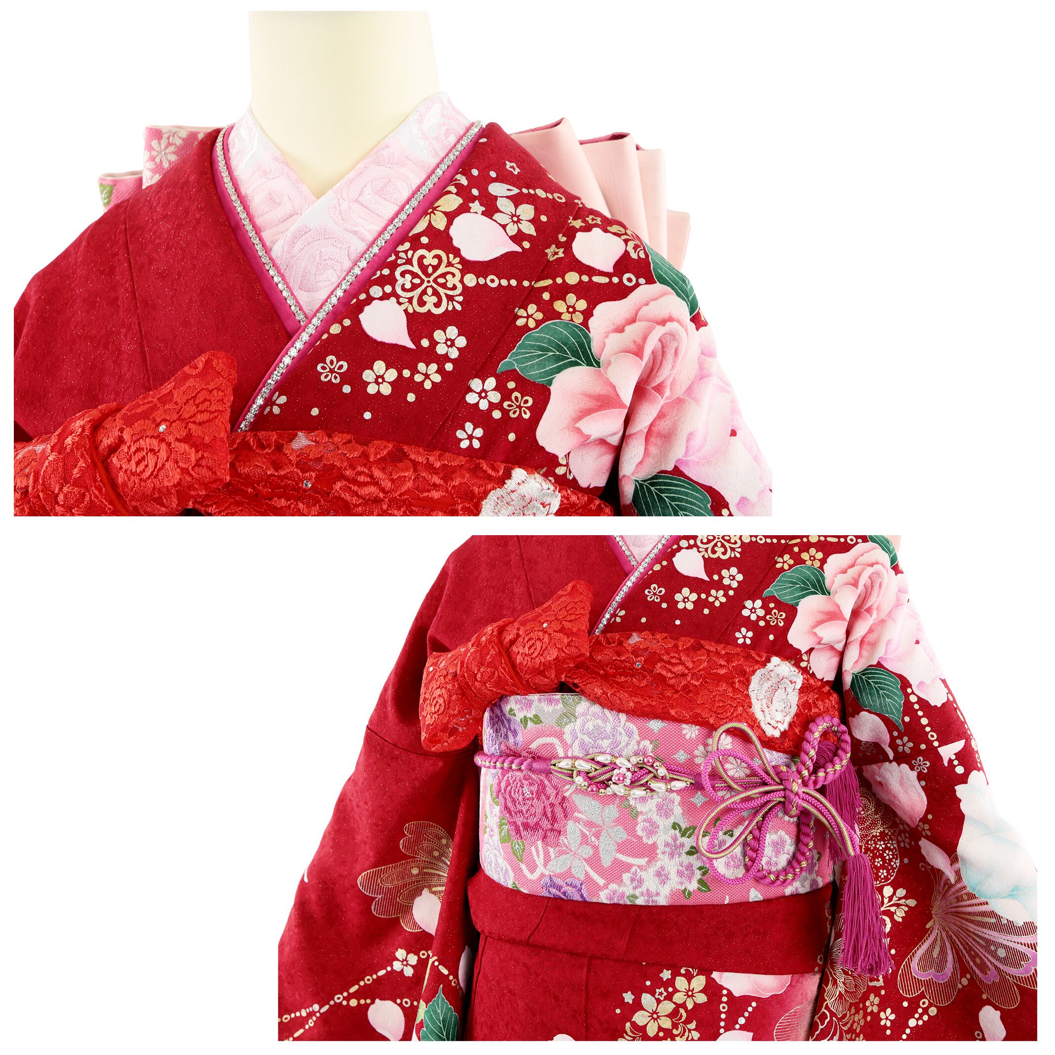 ★ちろる&ちょこ★美品 振袖 フルセット 身丈158 裄64.5 赤 蝶 振袖 振袖セット USED振袖 赤 薔薇 蝶 6点セット レディース S〜M