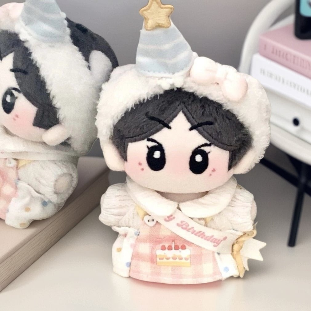 10cmぬいぐるみ用 バースデー トップス+ケーキ刺繍エプロン+帽子+
