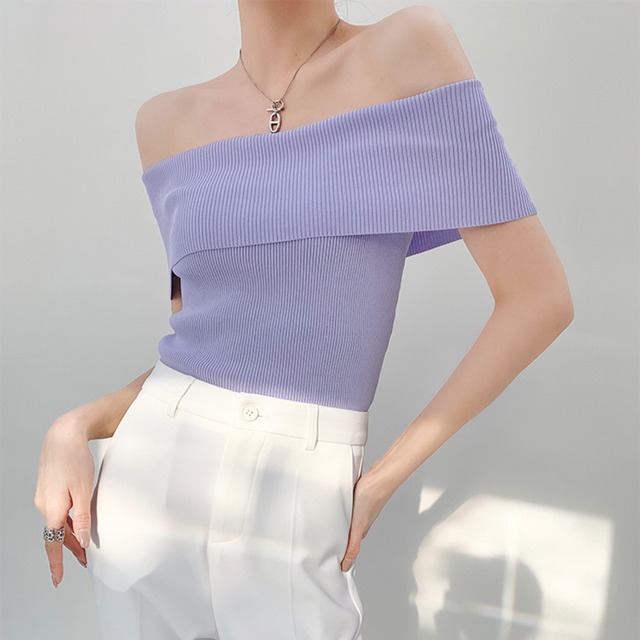 ボートネックショートスリーブリブニットトップス　W00131