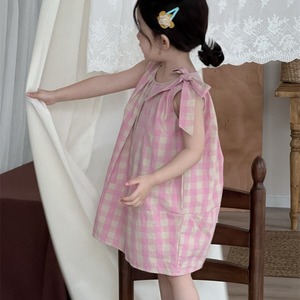夏チェック柄リボンデザインワンピース
