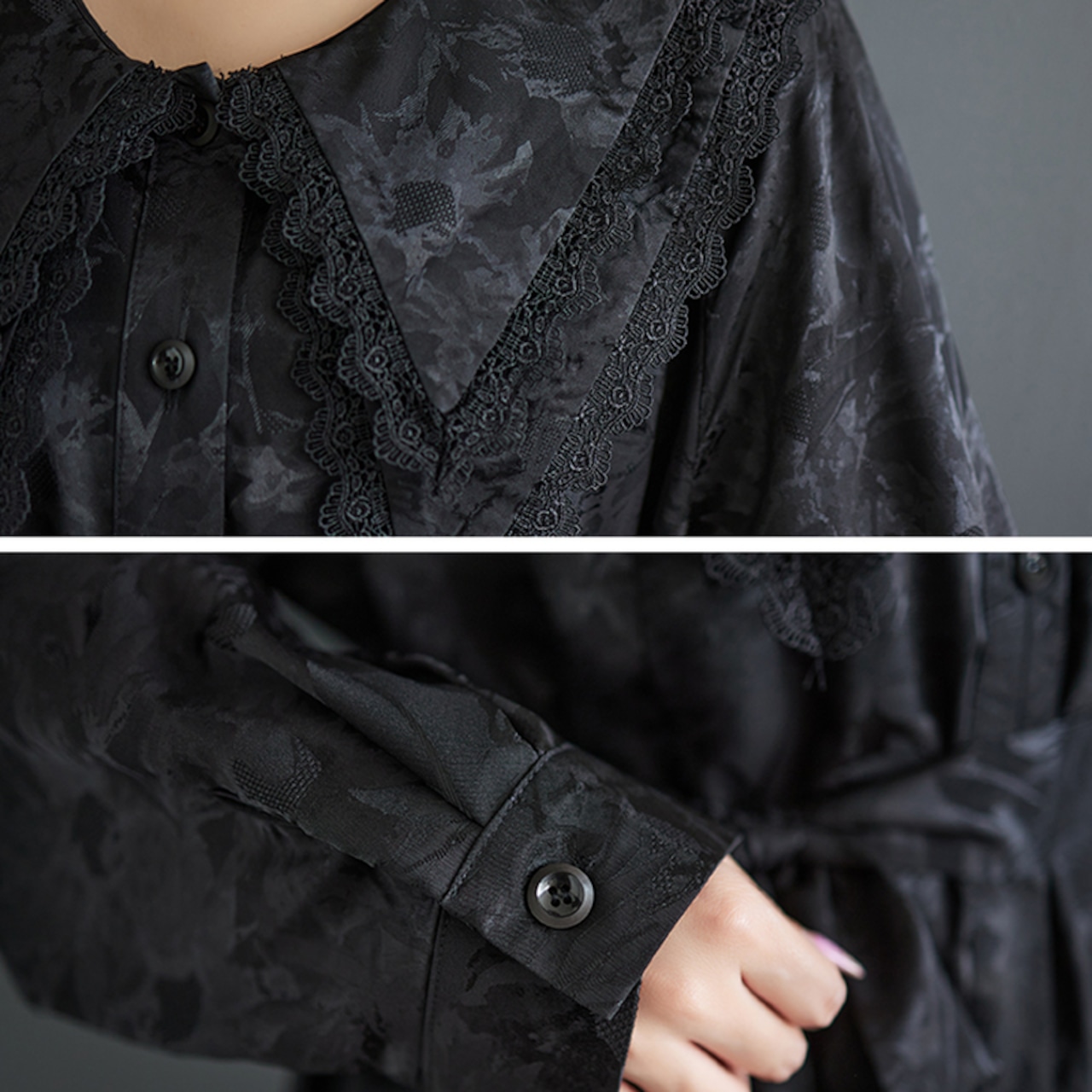 ジャガード ドールカラー ブラックワンピース 00035