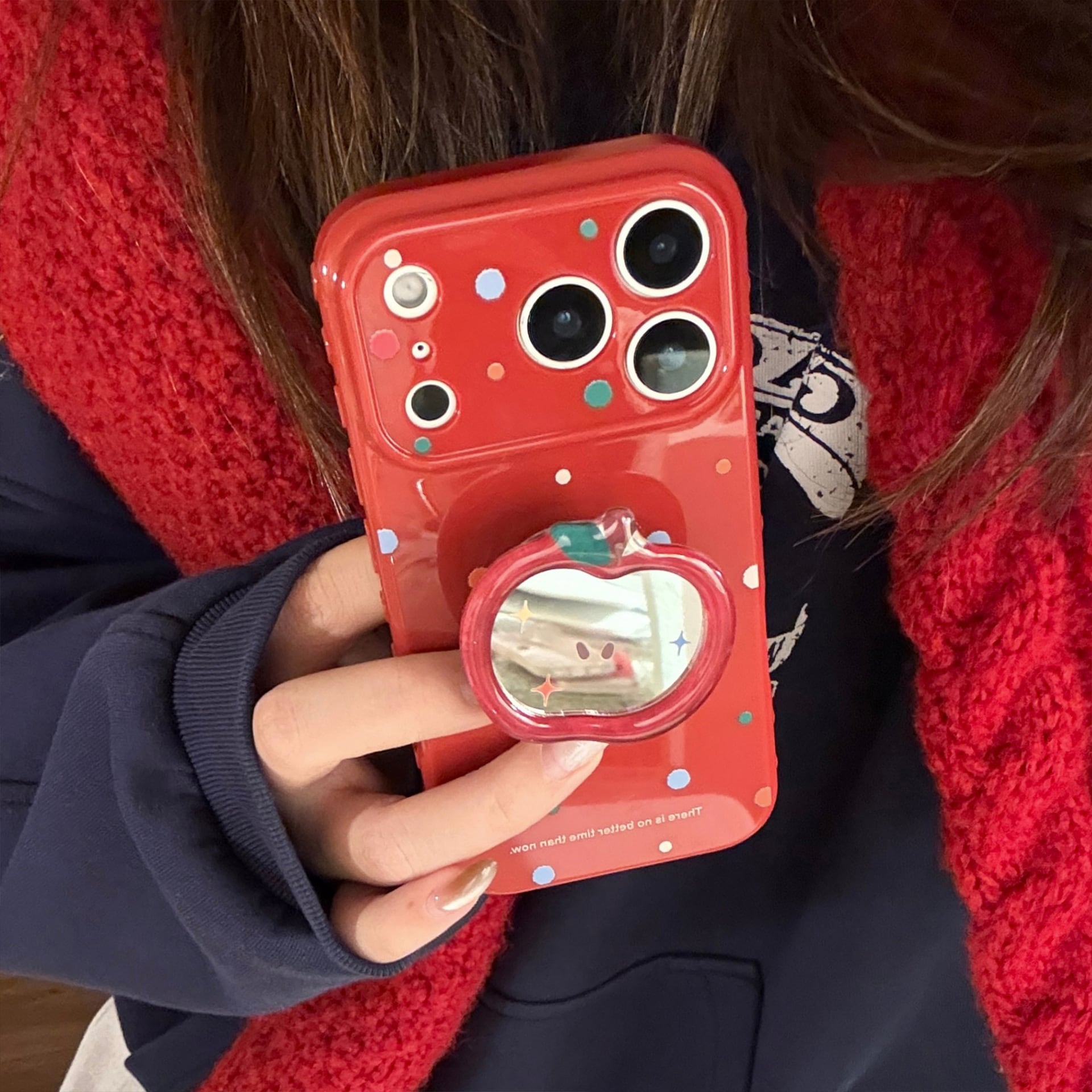 iPhone17-11対応】真っ赤なリンゴ◎鏡面グリップ ドット柄 韓国ケース