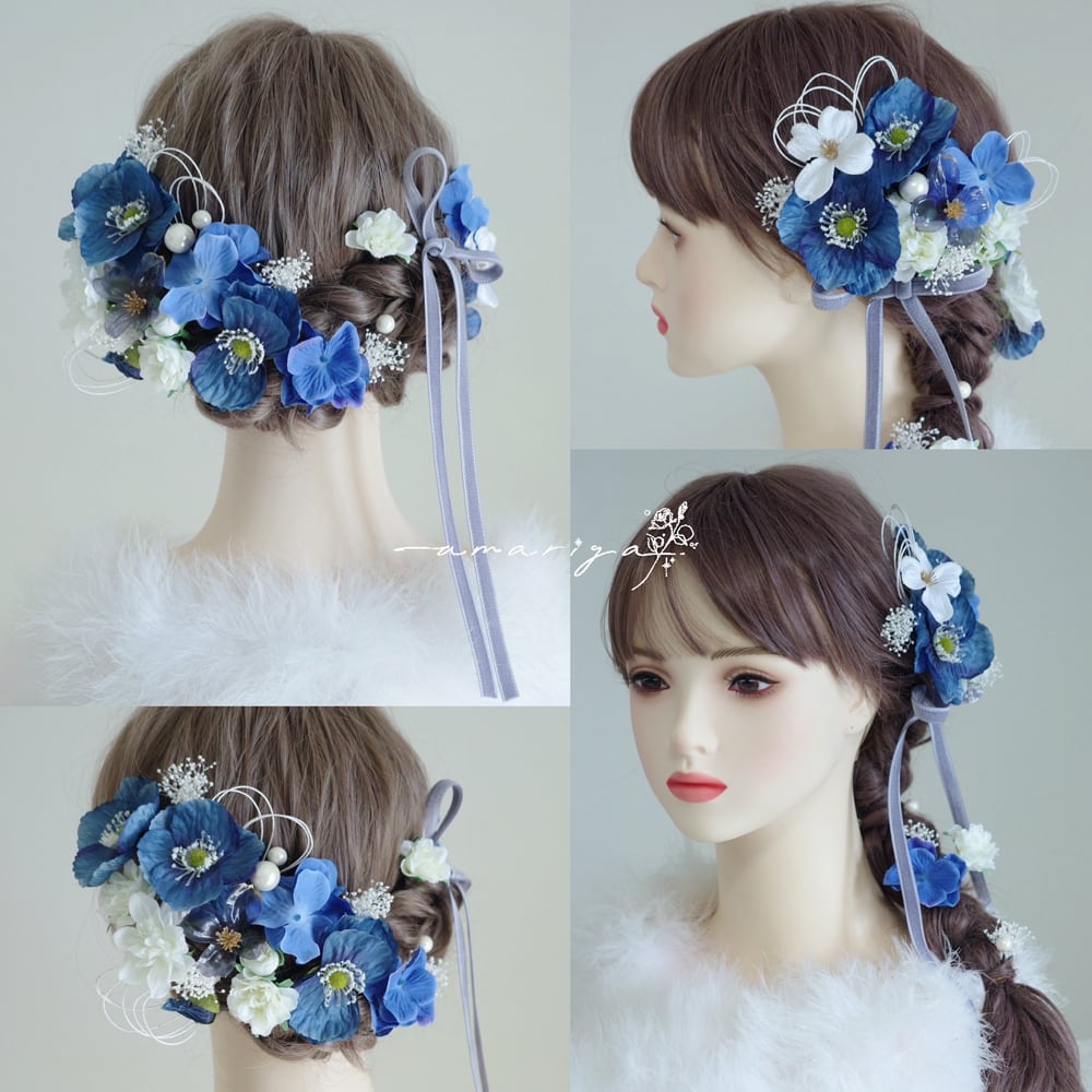 髪飾り ブルーポピーとローズ