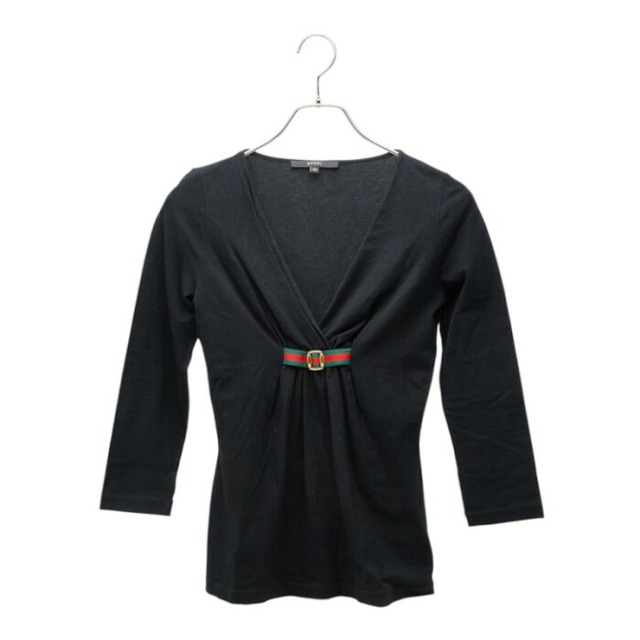 グッチ シェリーライン 7分袖 フロントギャザー カットソー Tシャツ ブラック コットン ポリエステル レディース GUCCI 中古