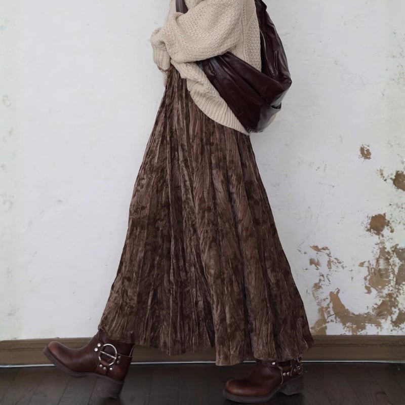 Pleated velvet flare skirt 2 colors V2719