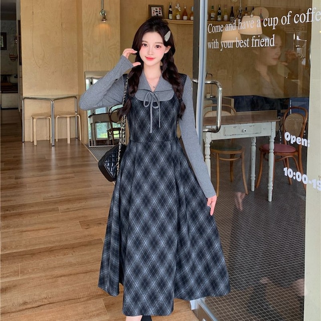 【ワンピース】大きいサイズ チェック ロングワンピース 秋 冬 長袖 きれいめ おしゃれ カジュアル おしゃれ きれいめ 可愛い 春 秋 冬 20代 30代 40代 50代 大人 可愛い  カジュアル ダークグレー ブルー 青 S M L XL 2XL