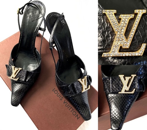 ルイヴィトン  LOUIS VUITTON　  パイソンレザー　LＶラインストーン　ポインテッドトゥ  　ヒール パンプス　ブラック　37