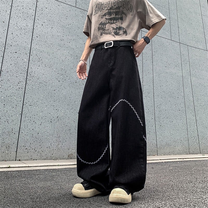 ライン刺繍ワイドデニムパンツ 00075