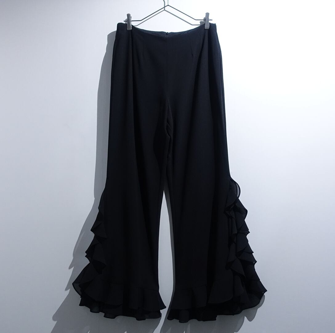 Black Ruffle Design Wide Flare Pants