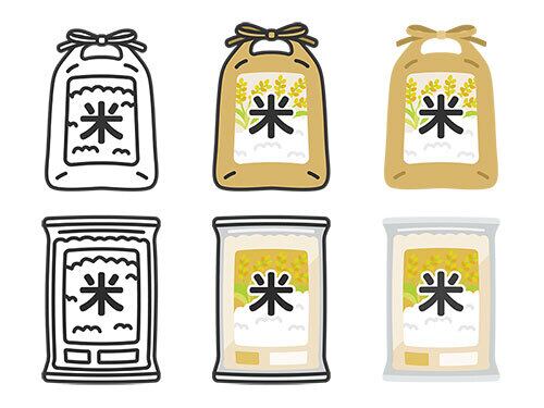 スーパーの袋に入った、お米の（線画カラー）のイラストセット