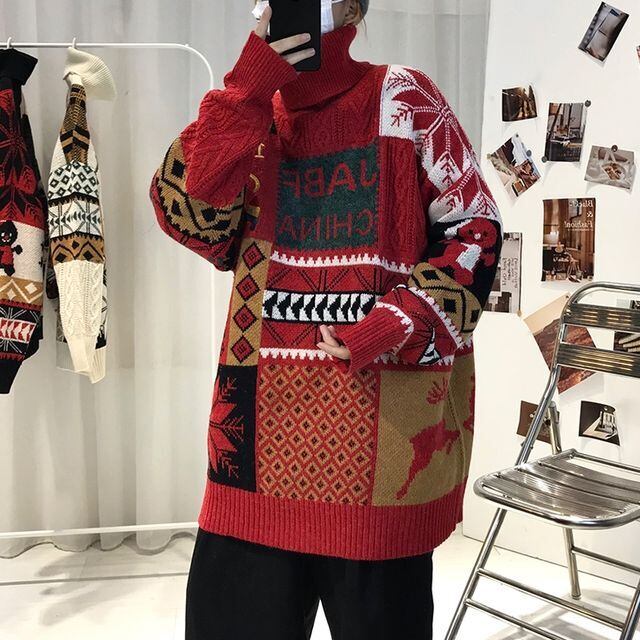 【予約販売】ニット タートルネック 総柄 クリスマス ホリデー柄 メンズ レッド ブラック ブラック セーター こなれ感 お洒落 韓国 トレンド 秋冬 M/L/XL/2XL