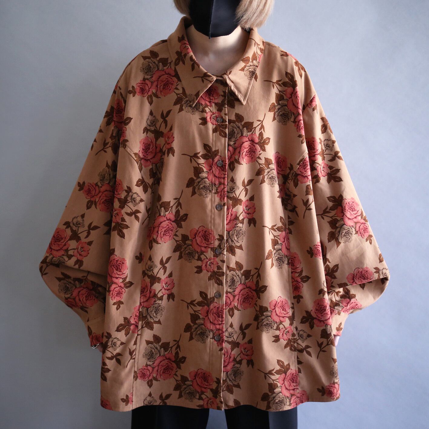 flower art full pattern over size  wide silhouette fake suede shirt jacket