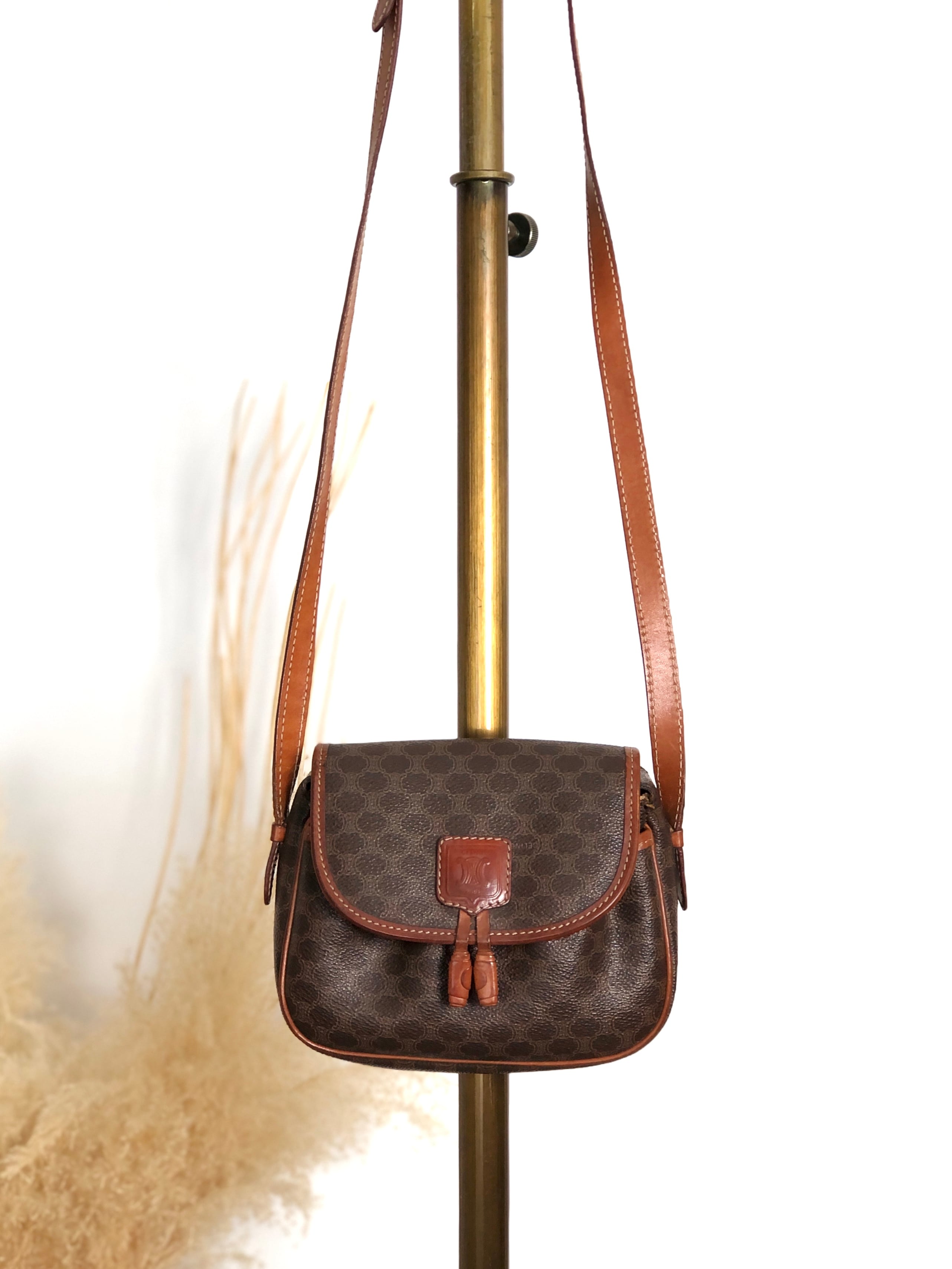 CELINE セリーヌ マカダム ショルダーバッグ ブラウン ブラゾン型押し PVC タッセル vintage ヴィンテージ オールド zfbk3f