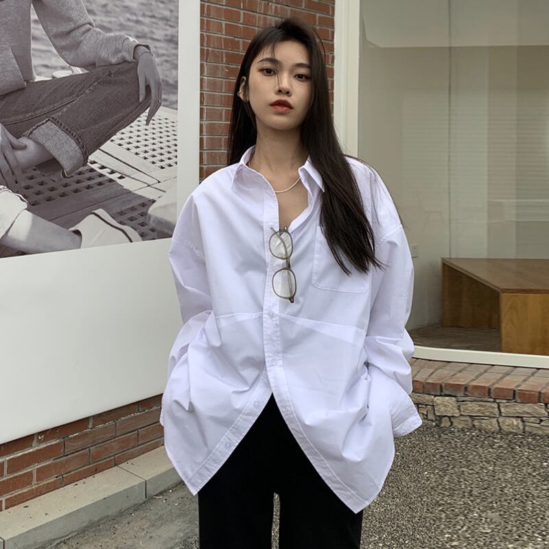 ホワイトシャツ スタンダードスタイルスプリングオータムブラウス ロング レトロ 春物 秋物 試着室49462689639