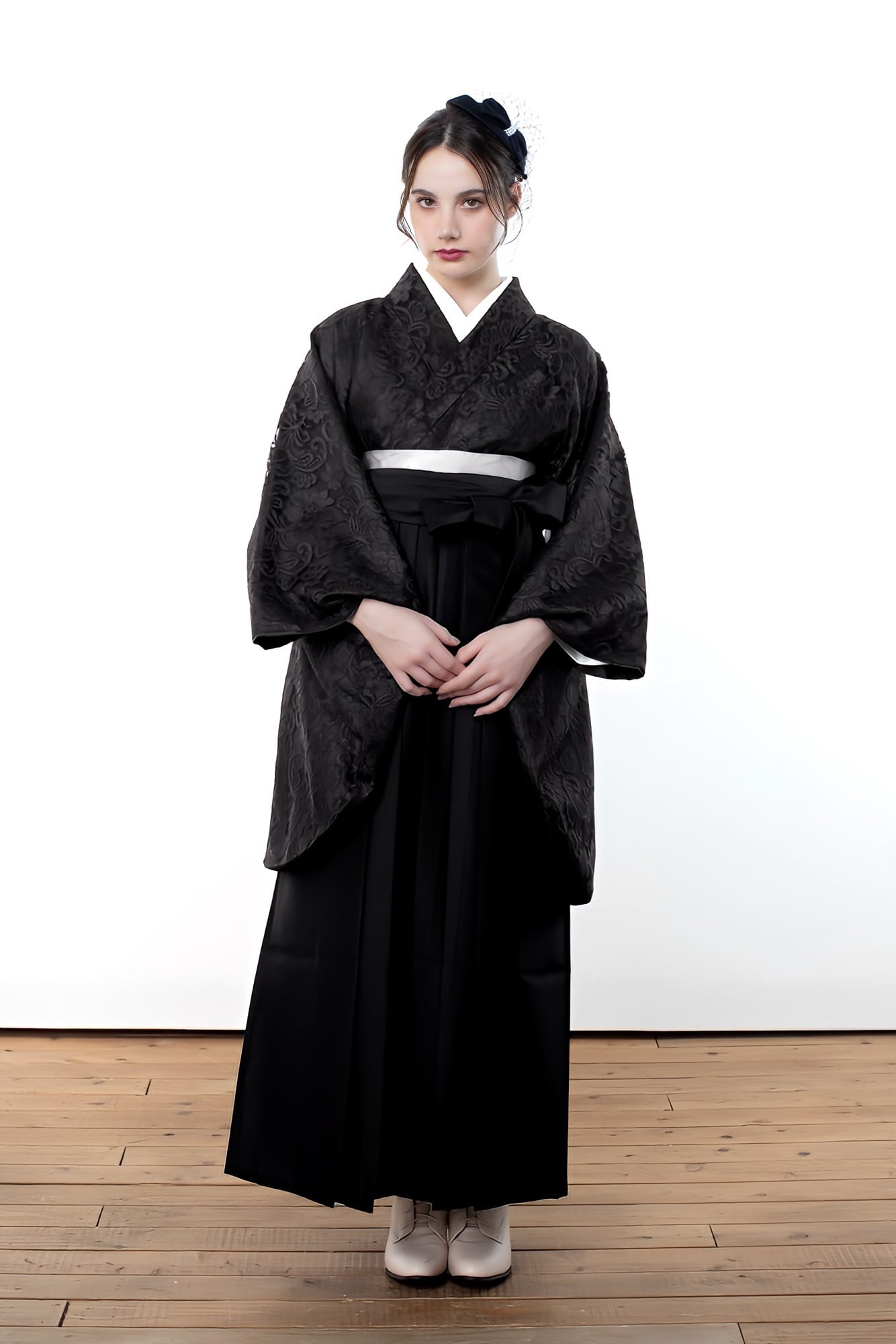 Kimono Sienne 卒業式袴3点セット 総レース二尺袖 黒 レース 二尺袖