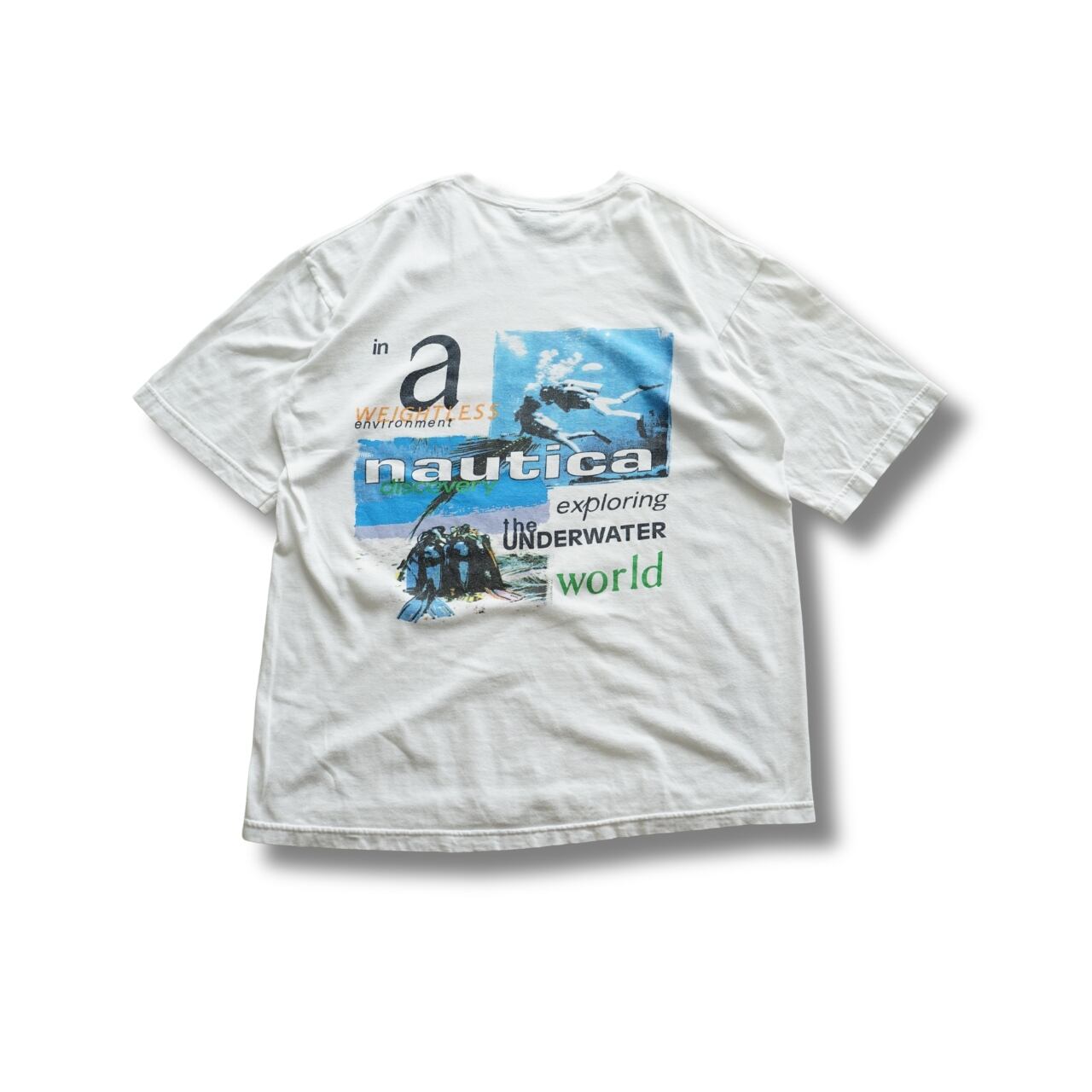 90s Nautica SCUBA 両面プリントTシャツ(表記M・実寸XL相当)|NA863