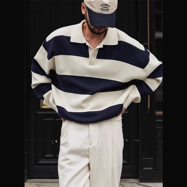 JIAOLANDIベーシックボーダーポロニットセーター