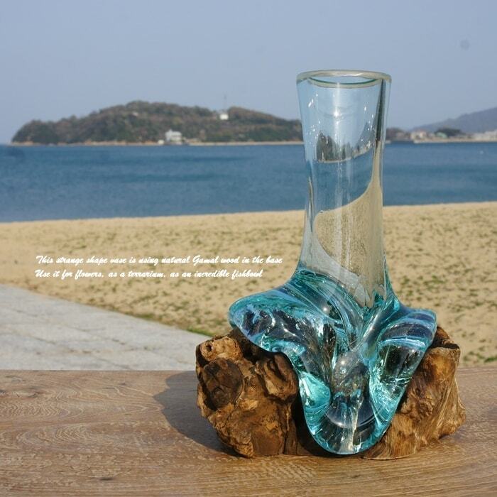 吹きガラスと天然木のオブジェV25 一輪挿し 花瓶 フラワーポット バリ島 アジアン雑貨 流木ガラス