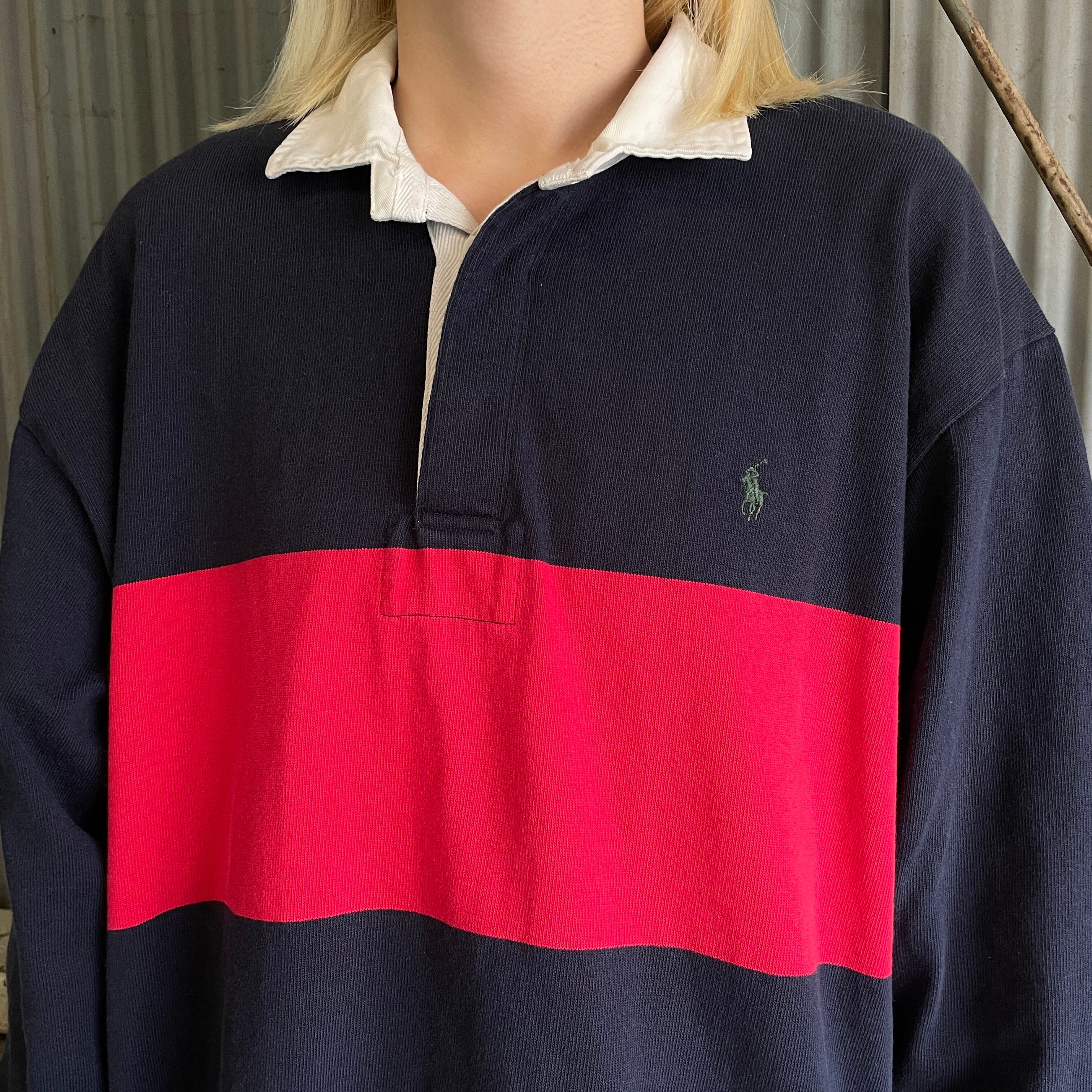 ポロバイラルフローレン　ビンテージ　ラガーシャツ　L　ボーダー　ネイビー Ralph Lauren - 90s ポロ ラルフローレン ボーダー 長袖 ラガー