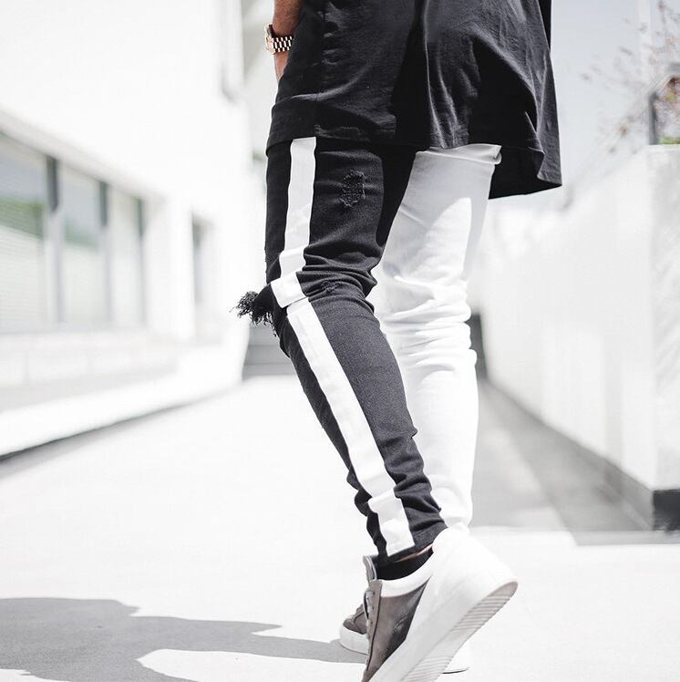 バイカラーパンツ 縦ライン ダメージ加工 モノクロ ストリート 海外ファッション Transgenic バイカラーパンツ 縦ライン ダメージ加工 モノクロ ストリート 海外ファッション Transgenic