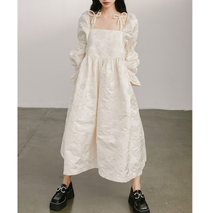 Puff Sleeve Shirring Square Neck A-Line Long Dress 2color A0003