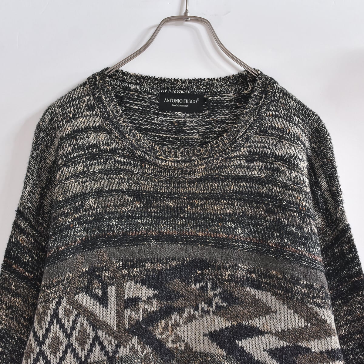 90~00s イタリア製 ANTONIO FUSCO ジャガード デザイン プルオーバーニット ヴィンテージ セーター マルチカラー ビンテージ メンズXL相当