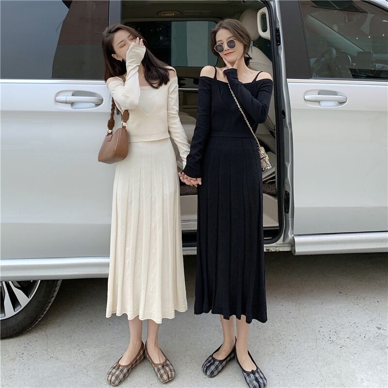 ニットドレス オータムウィンターハイウェスト薄手プリーツスカート ロング 秋物 冬物 YY-ファッション83869469792