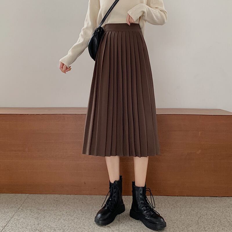 ソリッド カラーハイウェストウェスト薄手プリーツスカート スプリングAライン 春物 ソリッドカラー 萌量不足52378009536