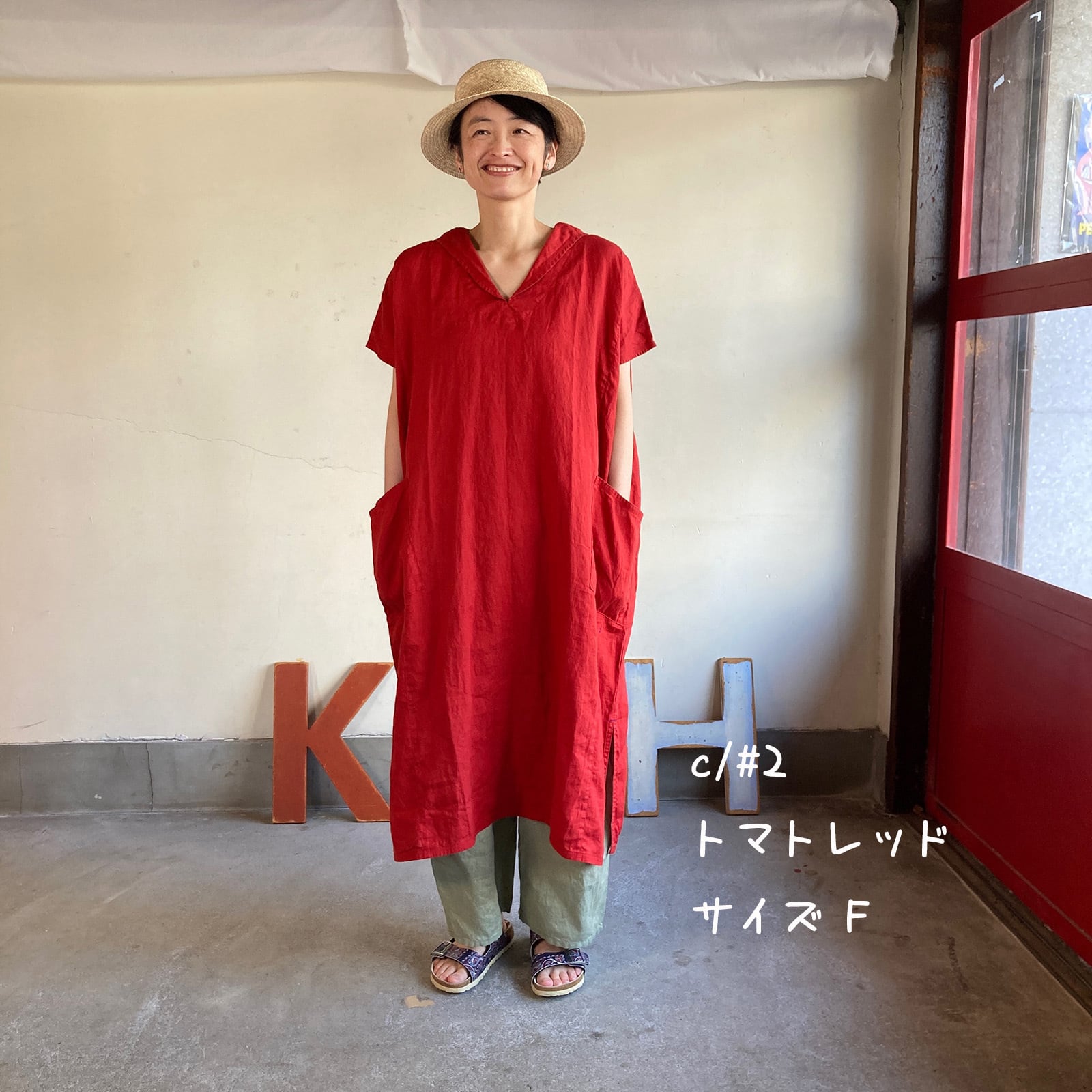 斜めポケ脇切り替えワンピース 初秋まで着られるリネン 62OP32 サイズF