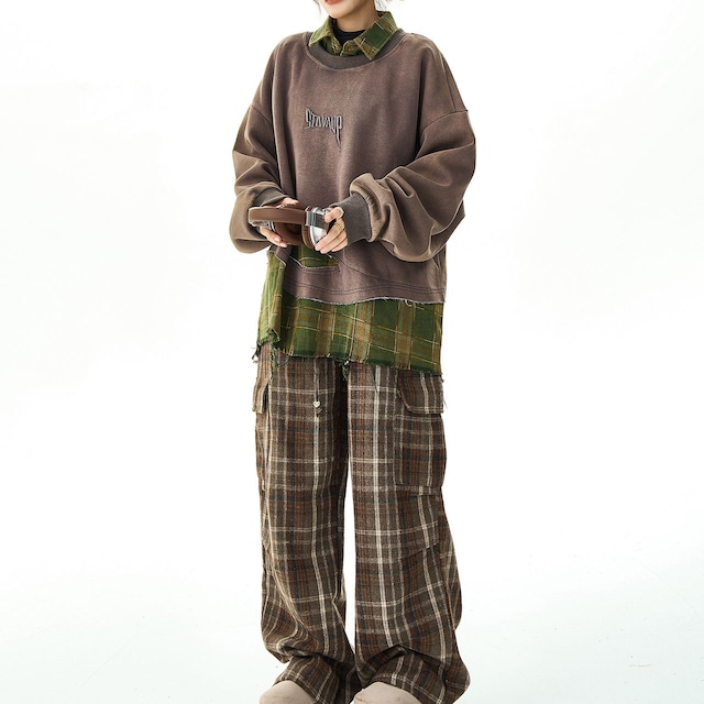 チェックレイヤードクラッシュスウェット 2col R00983