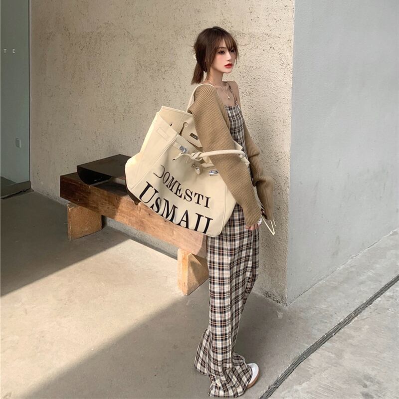 格子柄ジャンプスーツ オールインワン レディーススプリングハイウェストウェストルーズスタンダードカジュアルパンツ レトロ 春物 ブラックストロベリース41889307677