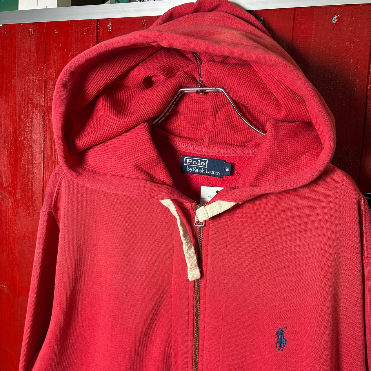 90s POLO RALPH LAUREN ジップパーカー　フェードレッド　紺ポニー　フード裏サーマル