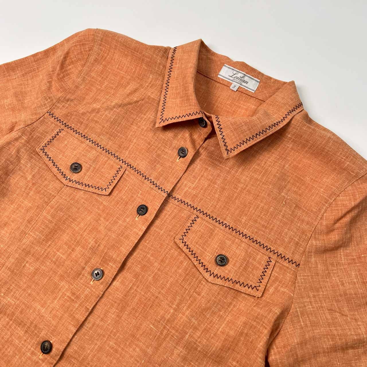 Leilian レリアン 半袖 リネン シャツ ジャケット サイズ 9号 /レディース/オレンジ系/日本製/麻素材