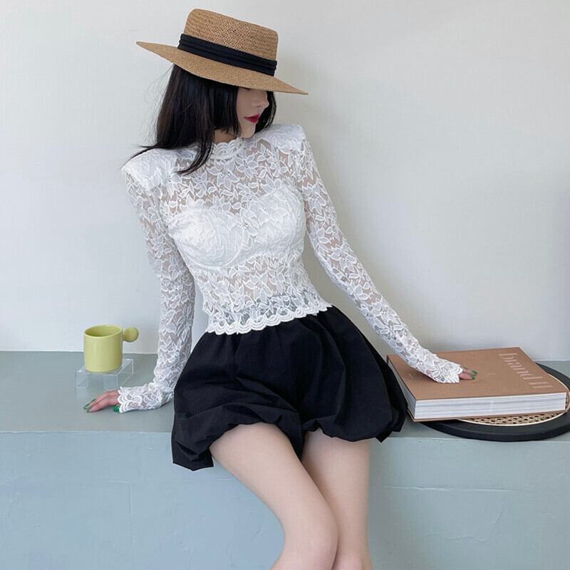 カラーレースシャツ オータムスリムトップス ロング 秋物 ガールズファッション18662950214